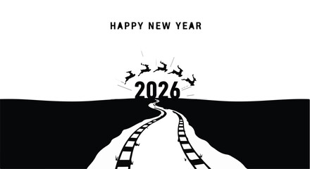 Happy New Year 2026 graphic with a train track leading to the future and leaping reindeer.