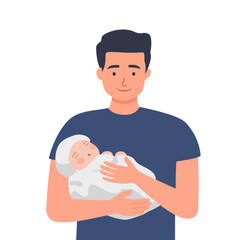 Father holding baby in a carrier. Vector illustration of a smiling dad wearing a blue shirt carrying a sleeping baby in a white carrier with teddy bear designs. Parenting concept.