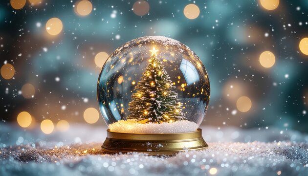 Snow globe christmas tree decoration cozy indoor setting photography festive holiday atmosphere close-up viewpoint magical concept for seasonal cheer and joy - Powered by Adobe
