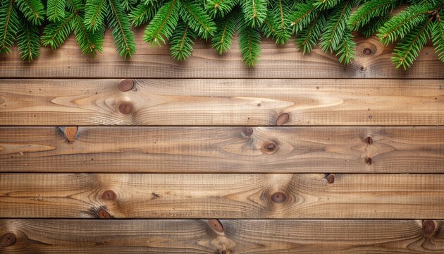 Festive green pine branches over rustic wooden planks holiday decor home interior warm atmosphere top-down view natural vibes for seo impact