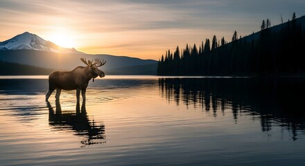 Majestic moose stands in serene lake at sunrise