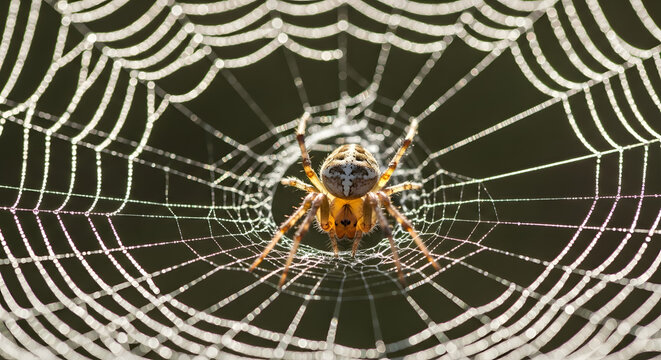 Spider web with dew drops on background of dark forest beautiful macro shot 90 - Powered by Adobe