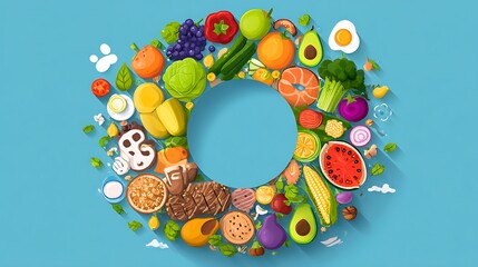 Healthy Food Circle with Fresh Fruits Vegetables and Proteins.