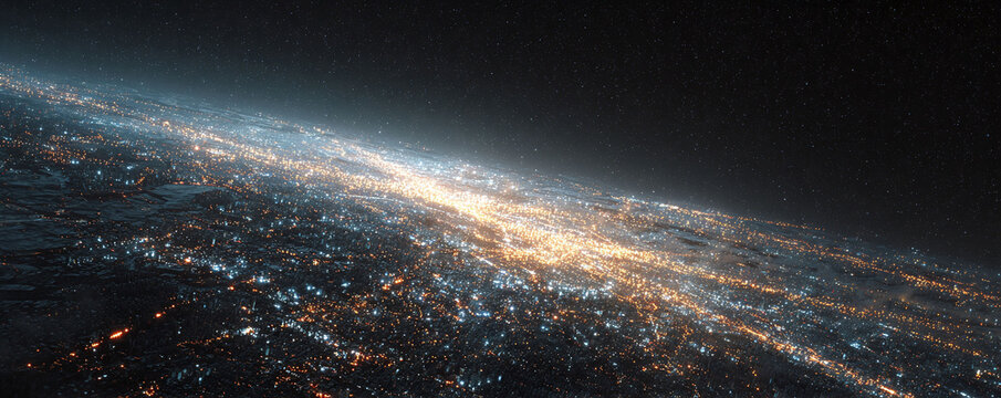 City lights glow on the horizon against a starry sky, symbolizing progress and connectivity. Great for tech, global, or futuristic concepts. Dramatic, abstract view.