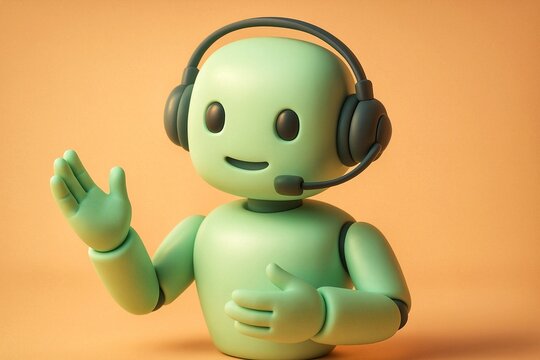 Friendly green robot offering assistance with headset, customer service AI concept