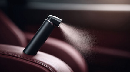 Elegant black spray bottle releasing mist on luxurious car seat. Implies freshness, cleanliness, and attention to detail. Ideal for automotive or lifestyle ads.