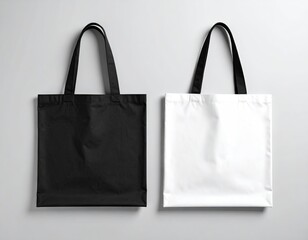 Two plain tote bags, one black and one white, displayed side by side.