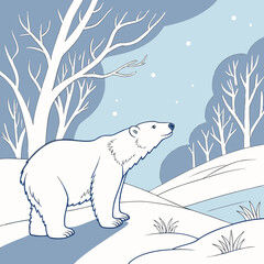 Solitary Polar Bear in Winter: A serene illustration of a majestic polar bear in a tranquil winter landscape. The bear stands alone, gazing upwards.