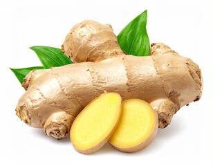 Fresh Ginger Root with Sliced Pieces and Leaves