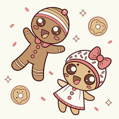 Sweet Gingerbread Joy: Whimsical illustrations of cheerful gingerbread figures, with charming smiles and festive attire, dancing amidst delightful sprinkled accents.
