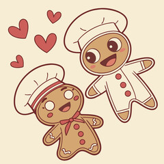 Gingerbread Delight: Two adorable gingerbread figures in chef attire float amidst hearts, evoking feelings of affection and warmth, ready to bring festive cheer.