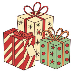 Gift Boxes Display: Three vibrantly decorated gift boxes, each wrapped in festive paper and adorned with bows, ribbons, and tags, create a cheerful display. 