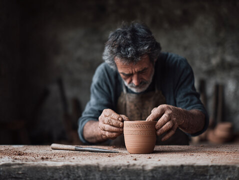A craftsman meticulously shapes clay into pottery. Concept of artistry, handmade craft, artisan skill. Evokes tradition, patience, and the beauty of creation.
