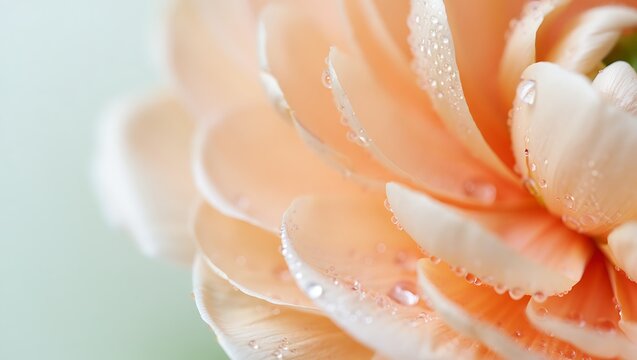 Extreme closeup of a soft peach ranunculus flower, revealing intricate layers of velvety petals adorned with tiny water droplets, set against a subtle green and white bokeh background