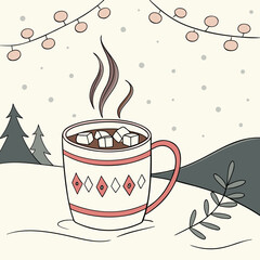 Cozy Winter Warmth: A charming illustration depicts a steaming mug of hot chocolate, adorned with marshmallows and nestled within a serene winter landscape.