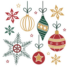 Holiday Ornaments and Festive Decorations: A collection of vibrant holiday ornaments and decorative snowflake elements. Perfect for the holiday season or festive-themed graphic design projects.