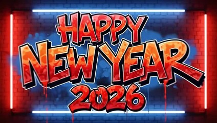 Celebrate Happy New Year 2026 with vibrant graffiti art on a brick wall, perfect for social media greetings and festive party invitations