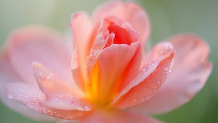 Fototapeta premium A soft, pastel pink rosebud unfurling its delicate petals, glistening with morning dew, against a dreamy, outoffocus green garden backdrop, capturing a moment of gentle awakening