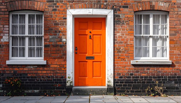 A vibrant orange door centered between two white-framed windows on a weathered brick facade. Sunlight illuminates the structure