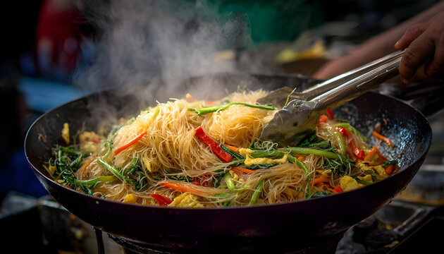 Chef is frying bihun (rice vermicelli) mixed with vegetables, egg, and spices. This flavourful dish is a popular Malaysian food, often served as a quick meal.
