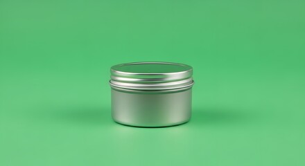 A sleek, round, silver cosmetic jar with a screw-on lid placed on a vibrant green background, ideal for skincare or beauty product packaging