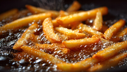French Fries Bubbling in Hot Deep Frying Oil Close-Up