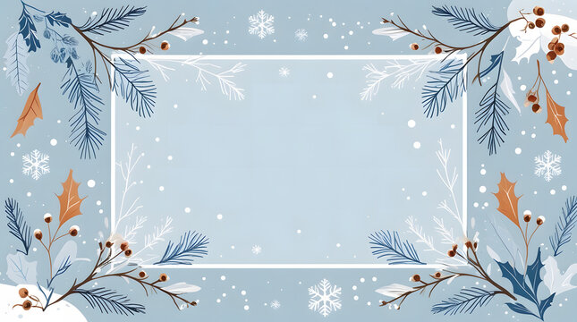Vintage winter frame with leaves berries snowflakes and christmas tree twigs - Powered by Adobe