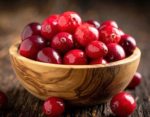 Fresh Cranberries in Wooden Bowl on Rustic Table