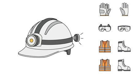 White Safety Helmet with Headlamp and Protective Gear.