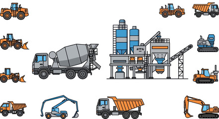 Illustrated set of heavy construction machinery including a concrete mixer truck and a batching plant. © Jenang
