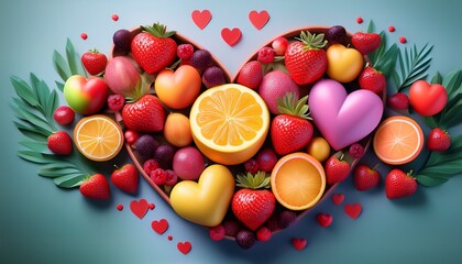 whimsical fruit composition with hearts and a touch of summer sweetness
