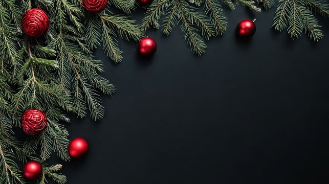 Christmas background featuring black color with branches and red ornaments, perfect for creating a dramatic holiday look.