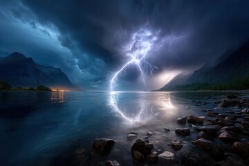 Dramatic lightning strikes over calm lake during dark stormy night