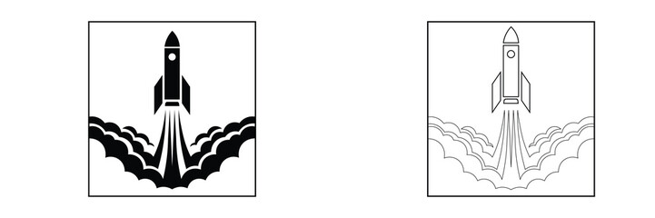 Rocket launch symbol icon set with solid and outline designs