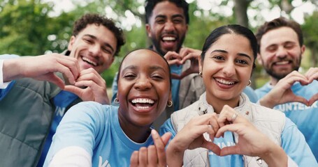 Face selfie, hand gesture or laughing with volunteer group outdoor together for charity or community service. Emoji, funny or social media with happy ngo people in park for memories in photograph POV - Powered by Adobe