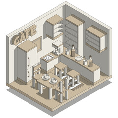 Cafe interior. Isometric. Isolated on white background. Vector illustration.
