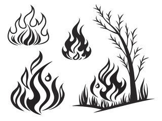 Monochrome Illustration of Flames and a Barren Tree Evoking Themes of Destruction and Renewal