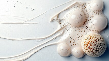 A textured sponge and creamy white cosmetic product with bubbles are shown on a white surface.