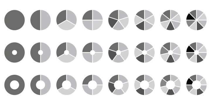 Pie charts diagrams. Different color circles. donut and pie chart infographic elements set. Colorful diagram collection with. Circle icons for infographic on Transparent Background. EPS 10.
