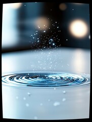 A close-up shot of clear blue water with concentric ripples, and a spray of sparkling white particles rising from the center.