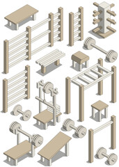 A set of sports equipment. Isometric. Isolated on white background. Vector illustration.