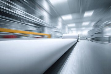 Obraz premium Dynamic image showing industrial manufacturing with motion blur. Conveyor belt and metal structures suggest efficiency and progress. Ideal for business, tech, or industry.
