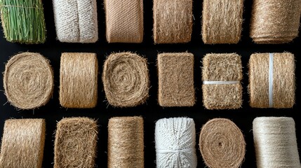 A diverse collection of agricultural materials, including round and rectangular bales of hay and straw, as well as bundles of dried grass and twine, are neatly
