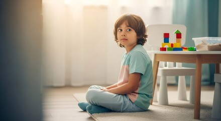 Child with autism spectrum disorder sitting on floor next to toys, concept for World Autism Awareness Day and childhood support for kid development.