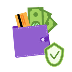 Electronic payment, digital wallet, and wallet security vector illustration for apps, websites, and presentations in fintech, banking, and online payment systems.