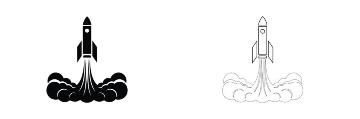 Launching rocket symbols with smoke effect, solid and outline.