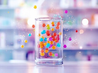 Colorful spheres are suspended in and around a clear glass container, creating a vibrant and whimsical visual effect with a blurred background.