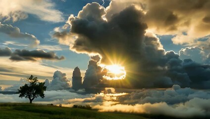 Dramatic 4K time lapse capturing the process of clouds building and thickening during a developing storm with the sun momentarily peaking out from behind the clouds briefly lighting up raindrops on - Powered by Adobe