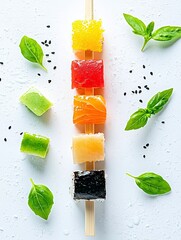 A vertical arrangement of sushi pieces on skewers, garnished with fresh basil leaves and scattered black sesame seeds against a white, wet surface.
