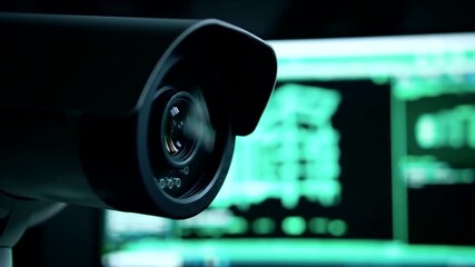Surveillance camera focusing on digital screens displaying data analysis - Powered by Adobe